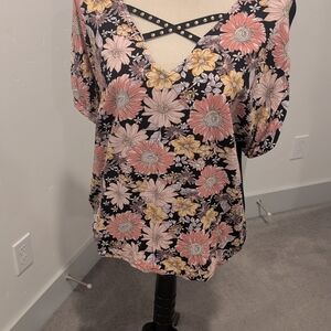 Maurices Floral V-Neck Blouse - Black, Pink, Yellow